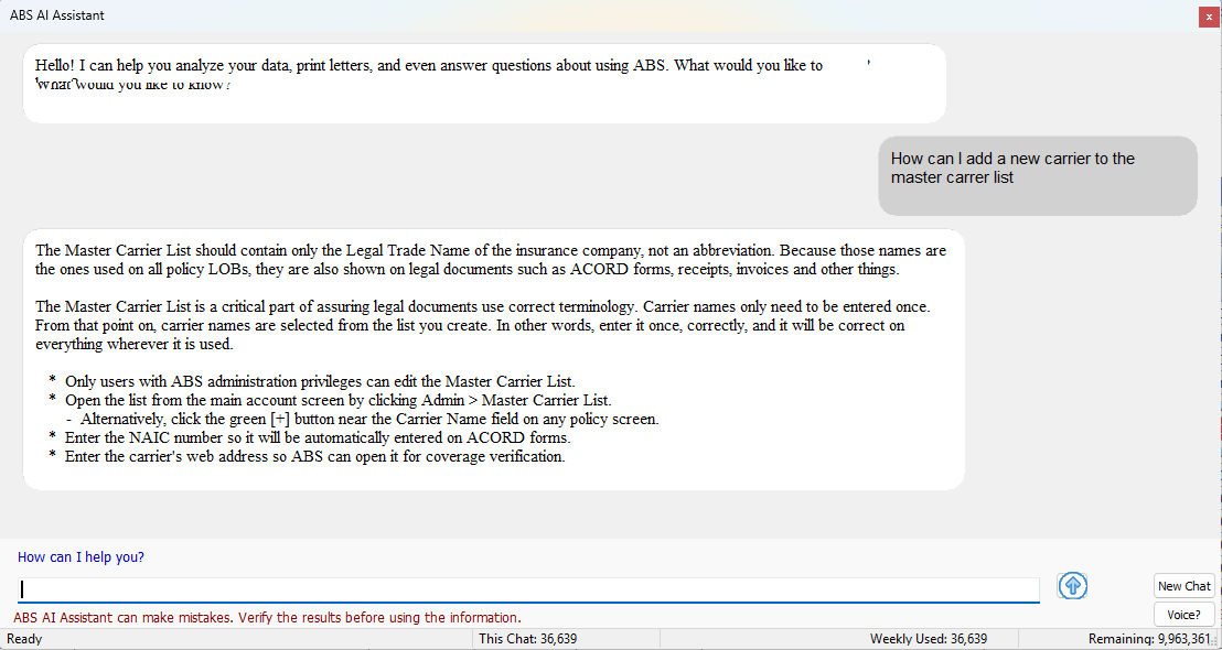 Agency Business Systems AI Assistant example screenshot